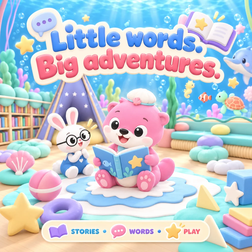 Shello Friends promotional artwork: Little words. Big adventures. Stories, words, play.